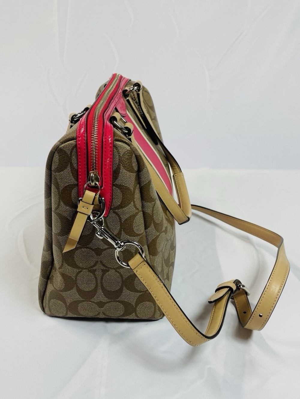 Fair condition Coach Brown Signature Canvas Satchel with Pink Stripe and Tan - Picture 5 of 15
